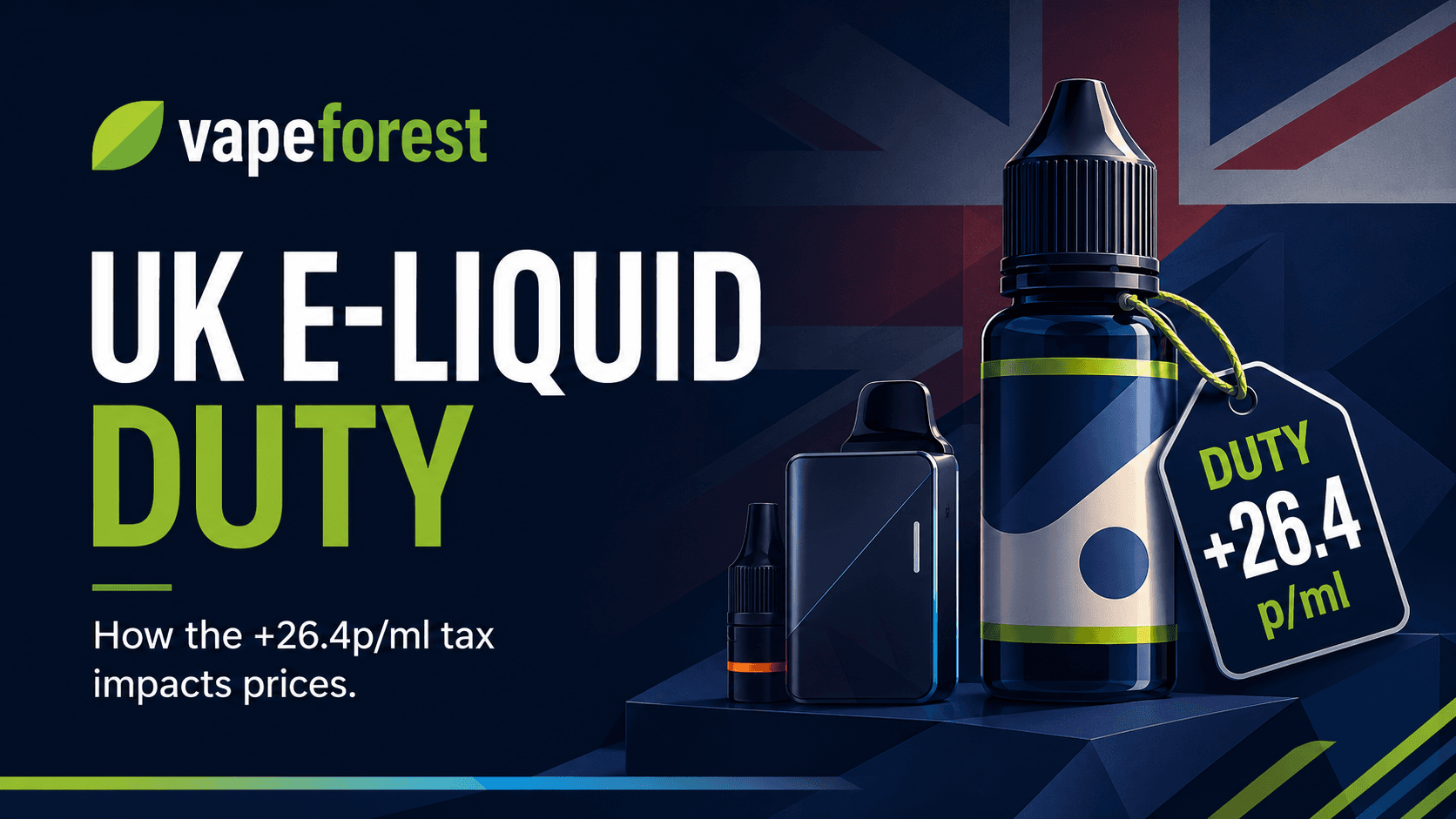 UK e-liquid duty banner showing a 10ml bottle, nic shot and pod device with a price tag reading duty plus 26.4p per ml