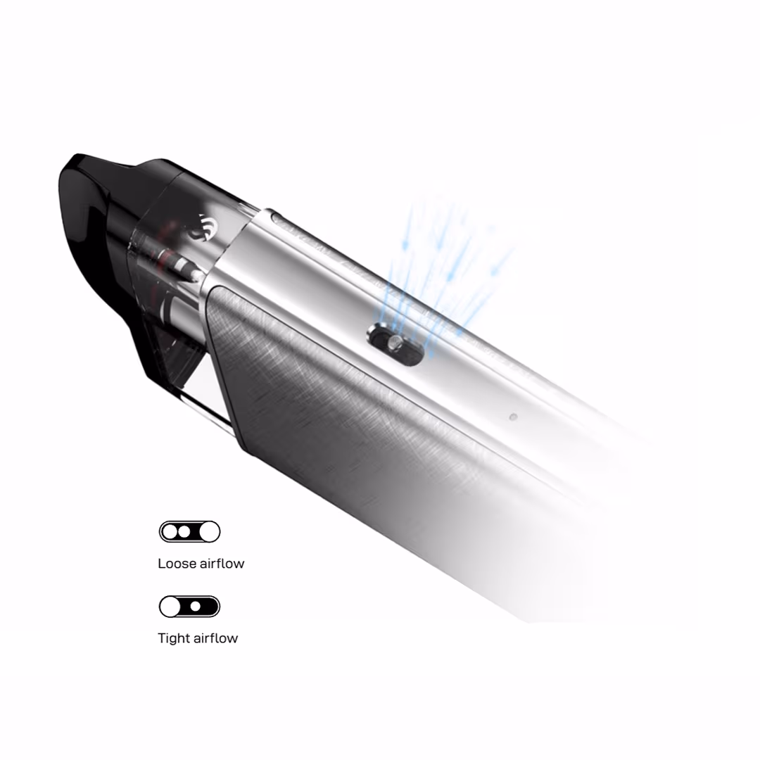 A close-up image of the Vaporesso XROS 5 Pod Vape Kit in silver, highlighting its adjustable airflow feature. The device has a transparent pod window and a sleek aluminum body. Blue lines illustrate airflow exiting the device, with a slider shown in two positions: "Loose airflow" (two open dots) and "Tight airflow" (one dot partially closed). The background is white, emphasizing the device's design and airflow functionality.