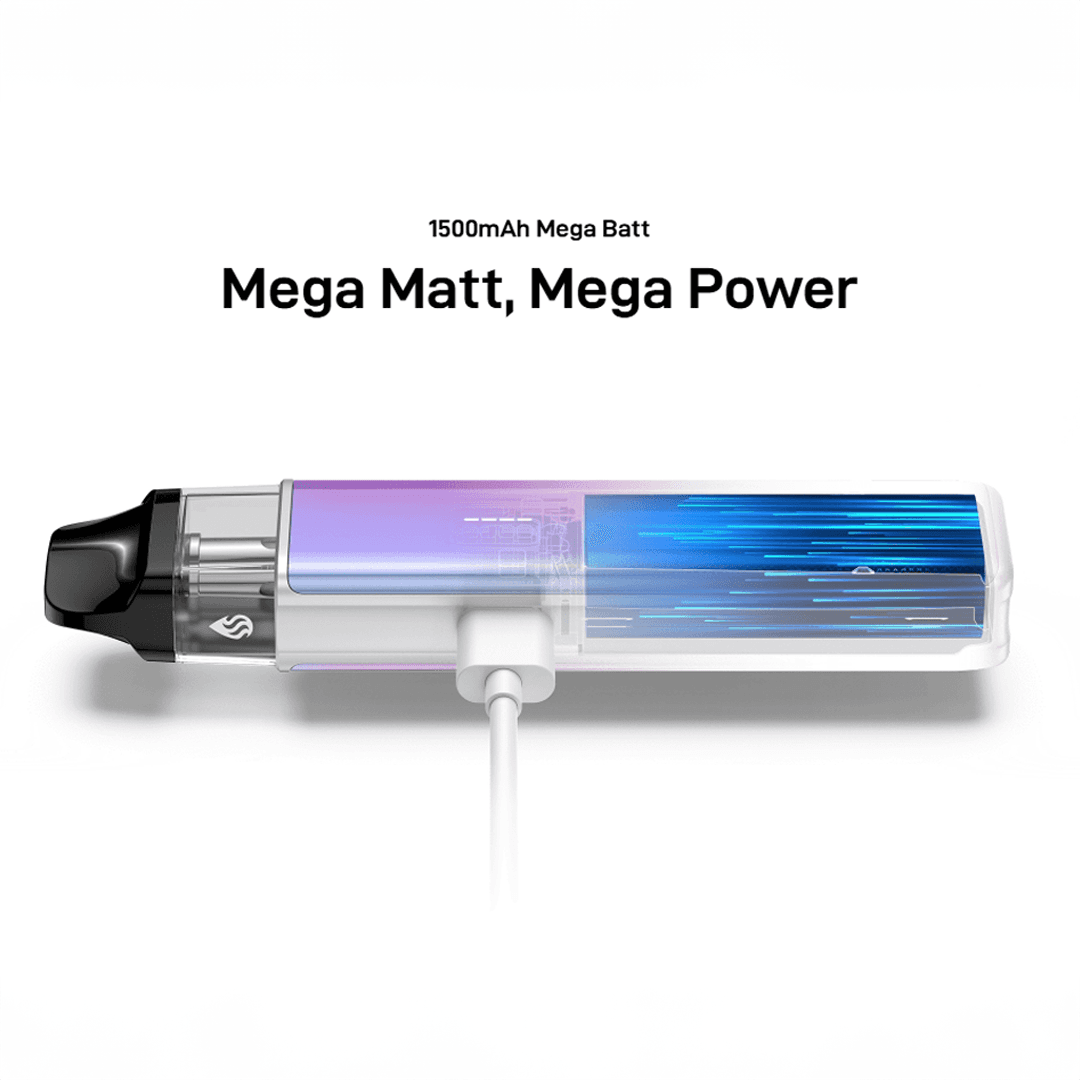 An image of the Vaporesso XROS 5 Mini Pod Vape Kit in a gradient purple-to-blue color, connected to a white USB-C charging cable. The device features a transparent pod window and a black mouthpiece. Above the device, text reads "1500mAh Mega Batt" and "Mega Matt, Mega Power," emphasizing its powerful battery and sleek design. The background is white, highlighting the vape kit's modern look.