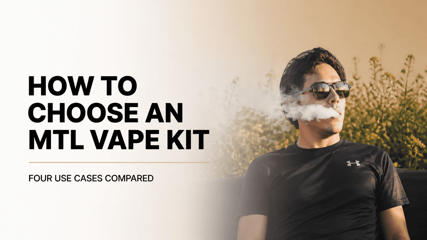 Original man in sunglasses seated outdoors and exhaling a horizontal vapour cloud