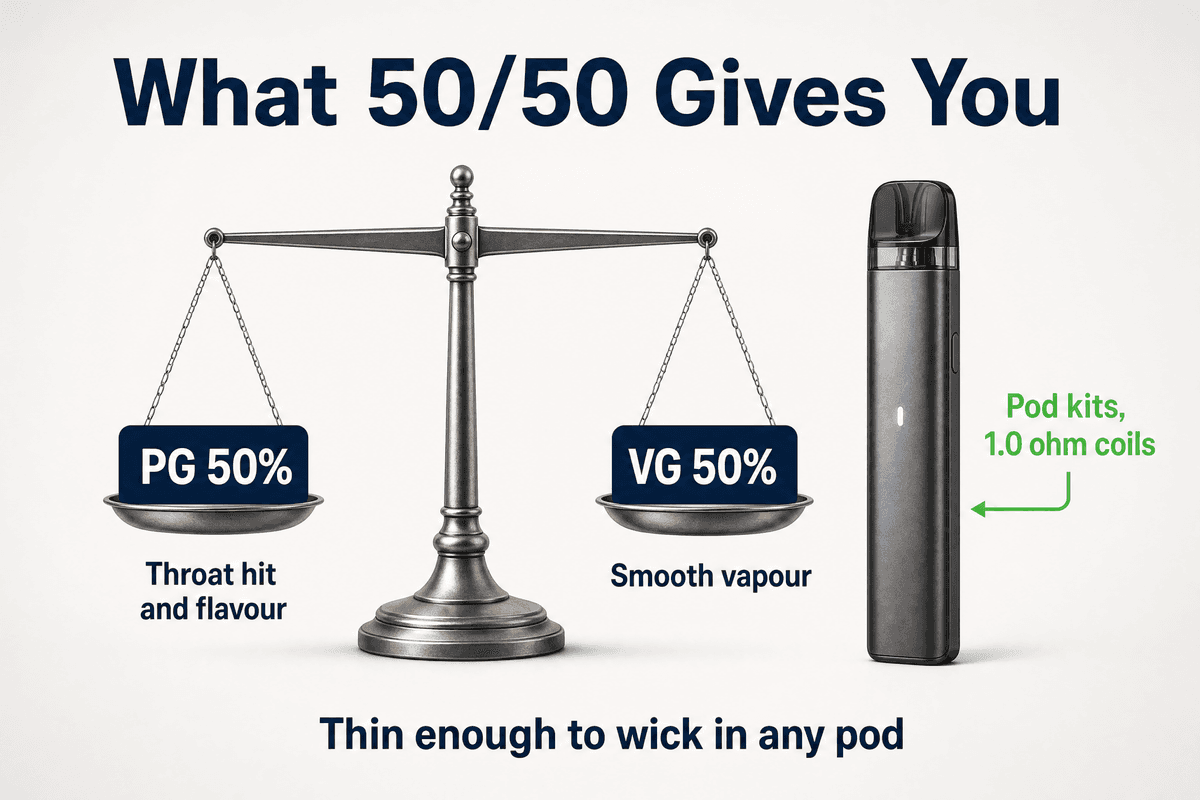 50/50 e-liquid balances throat hit against vapour and suits pod kits with 1.0 ohm coils