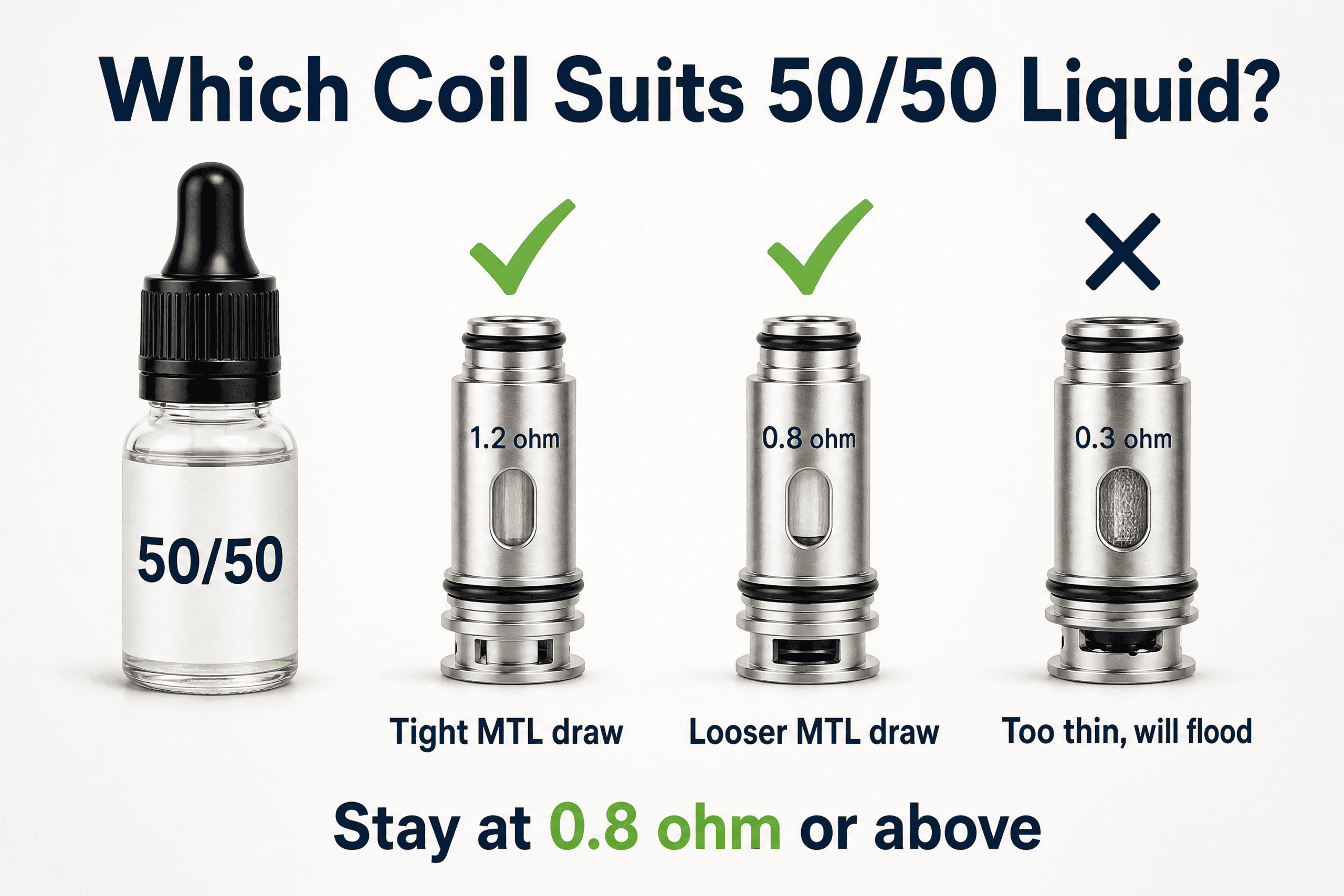 Which coil resistance suits 50/50 e-liquid: 1.2 ohm and 0.8 ohm ticked, 0.3 ohm crossed