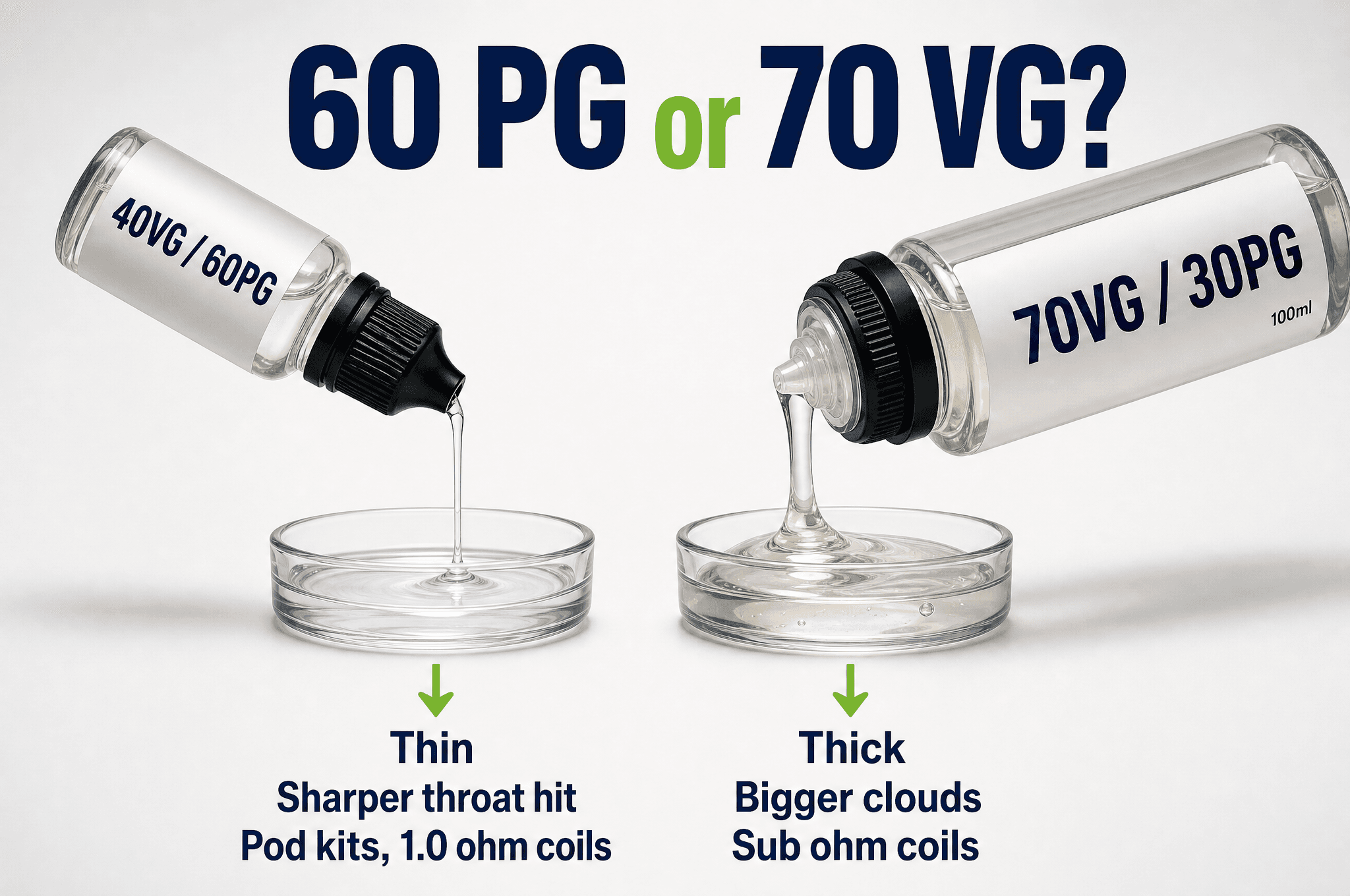 Thin 60PG liquid pours fast and hits harder, thick 70VG liquid pours slowly and clouds more
