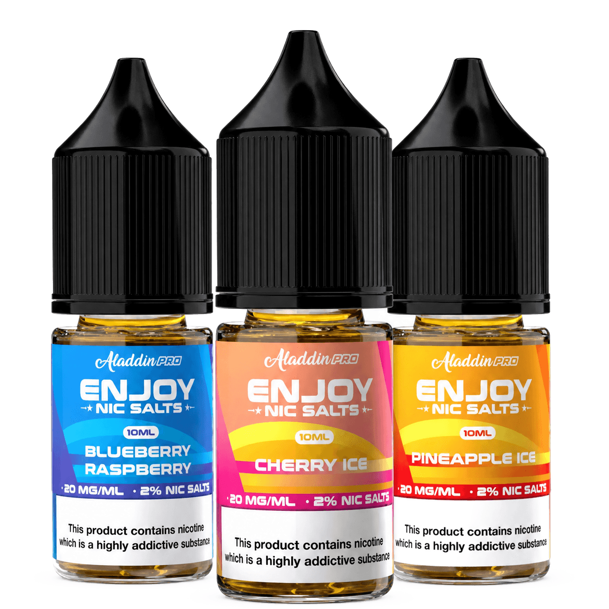 Three Aladdin Pro Nic Salts e-liquid bottles