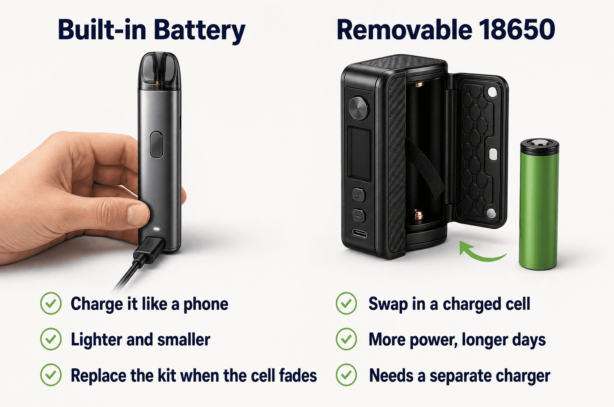Built-in battery kits compared with kits that take a removable 18650 cell