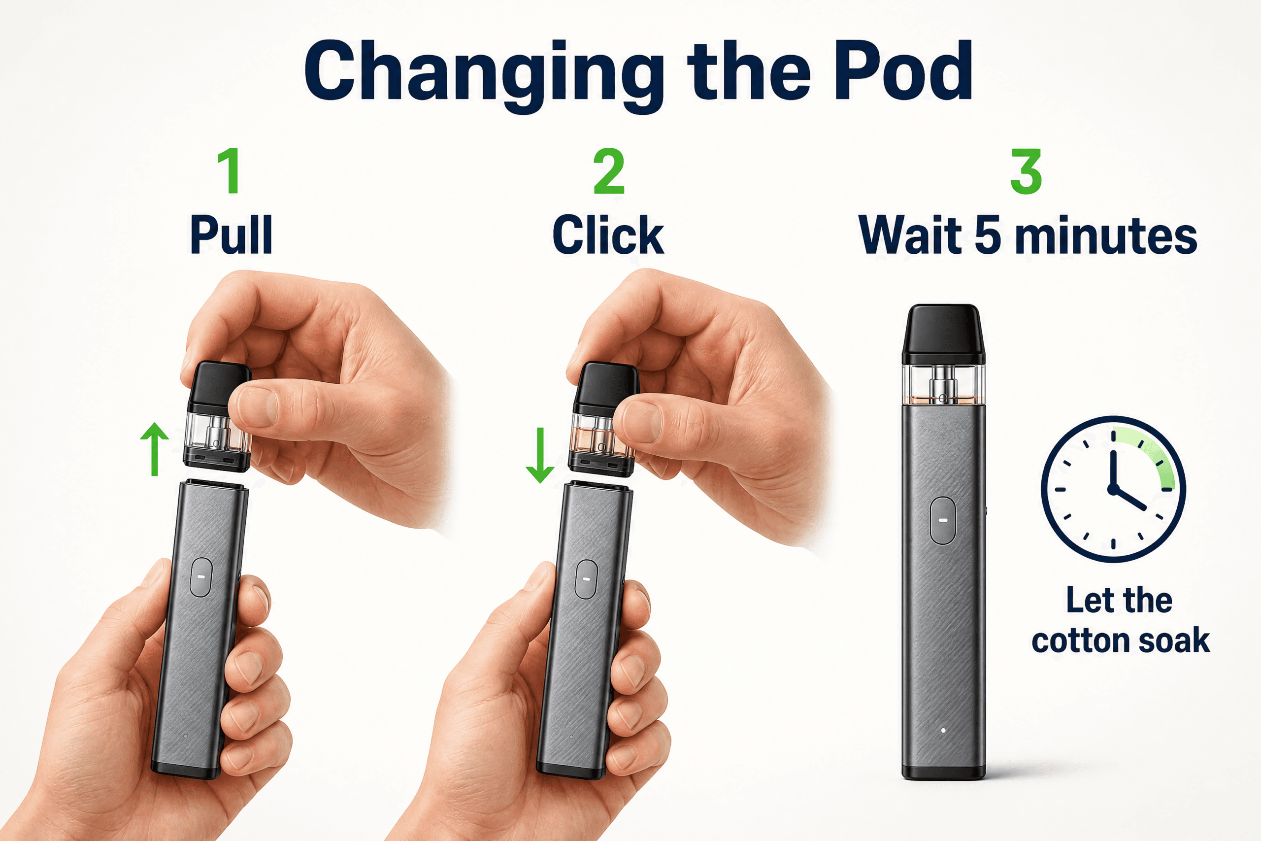 Three step guide to changing a built-in coil pod: pull, click, wait five minutes