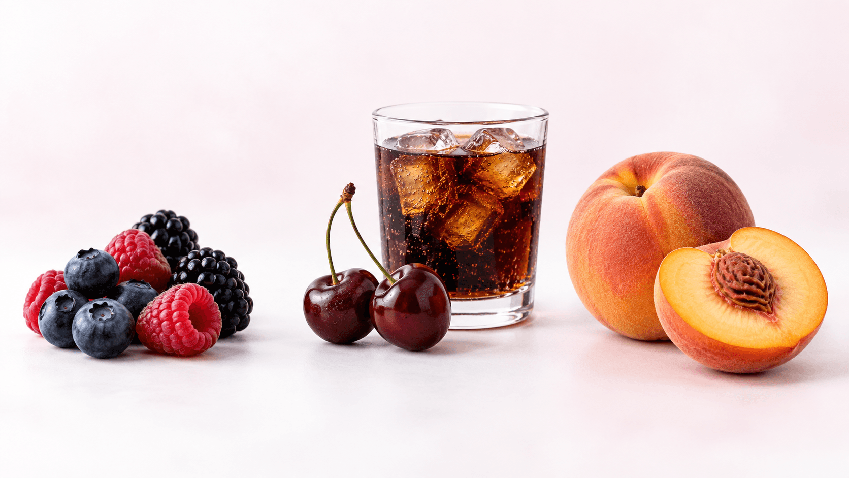 Berries, cherries beside a glass of cola, and peach arranged as three illustrative flavour profiles.
