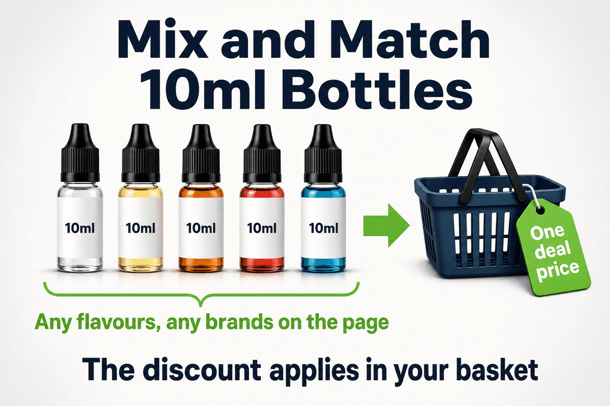 Mix and match 10ml e-liquid bottles in a multibuy deal, any flavours and brands on the page, one deal price at the basket