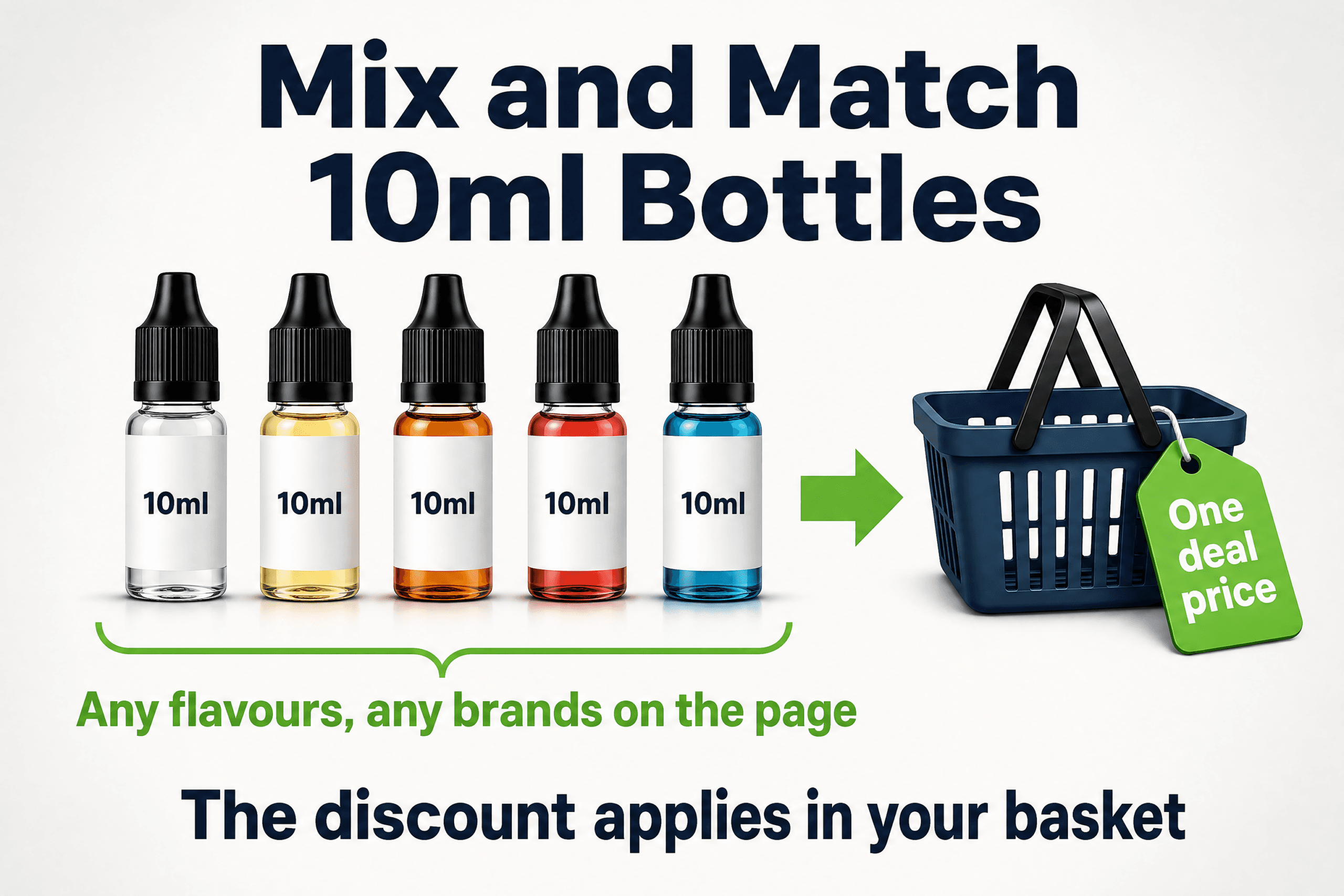 Mix and match 10ml e-liquid bottles in a multibuy deal, any flavours and brands on the page, one deal price at the basket