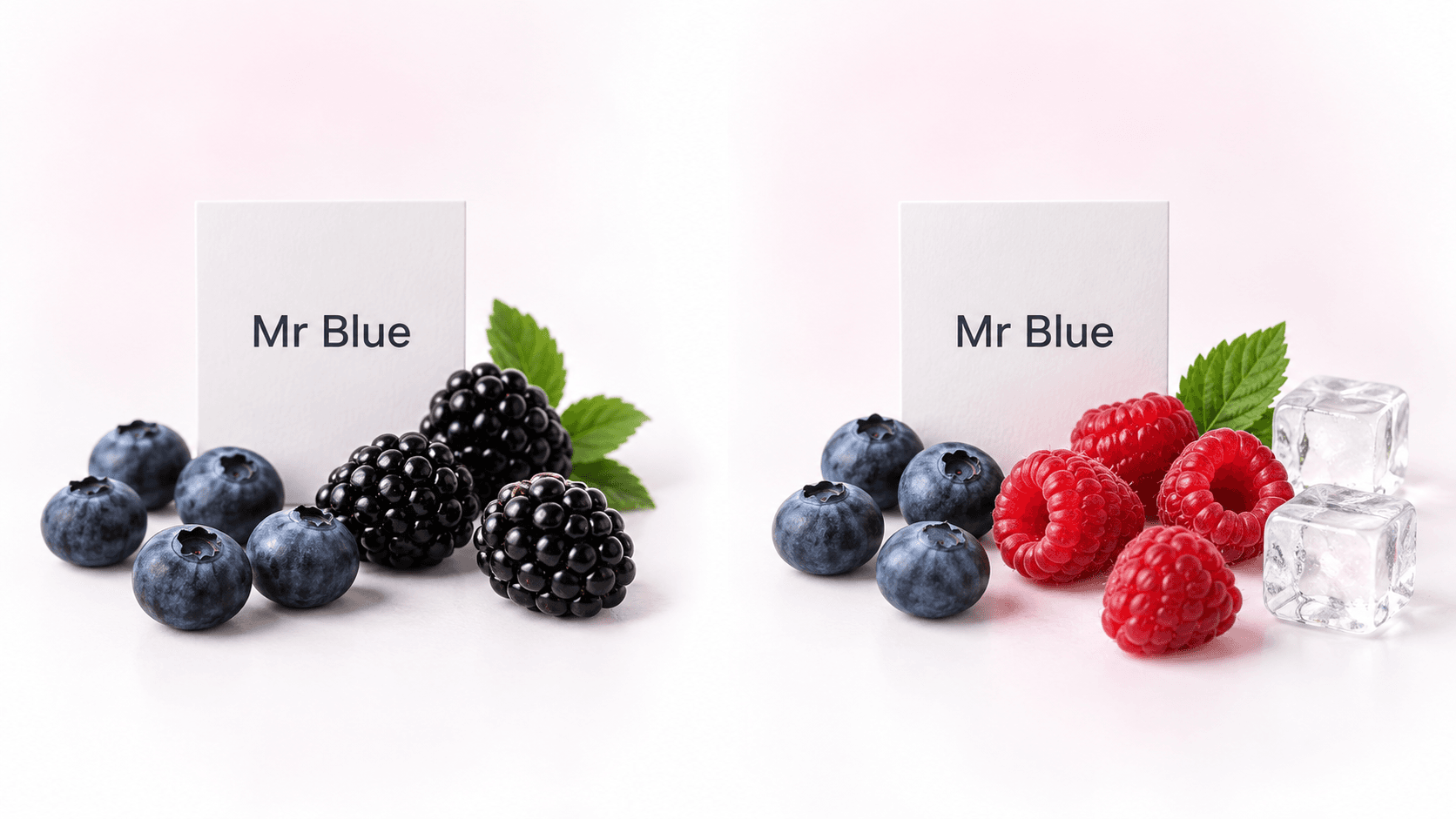 Two cards both labelled Mr Blue beside different berry combinations, with ice beside one, illustrating that names do not define identical recipes or cooling.