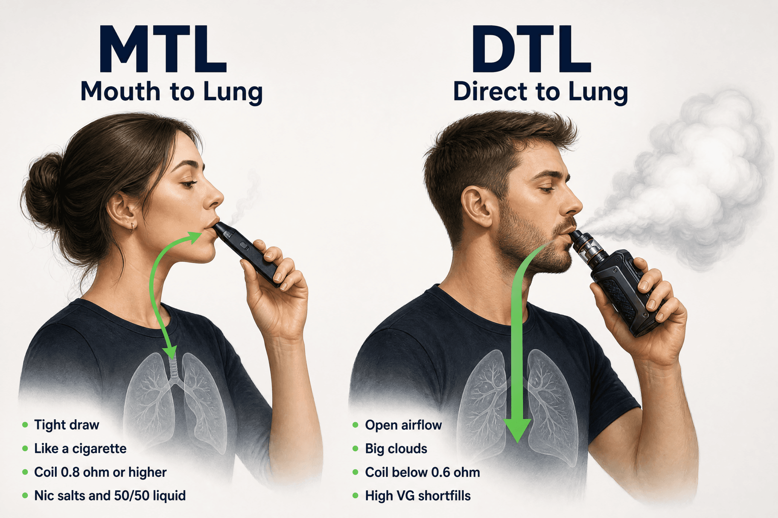 MTL versus DTL draw: mouth to lung pulls vapour into the mouth first, direct to lung pulls straight down
