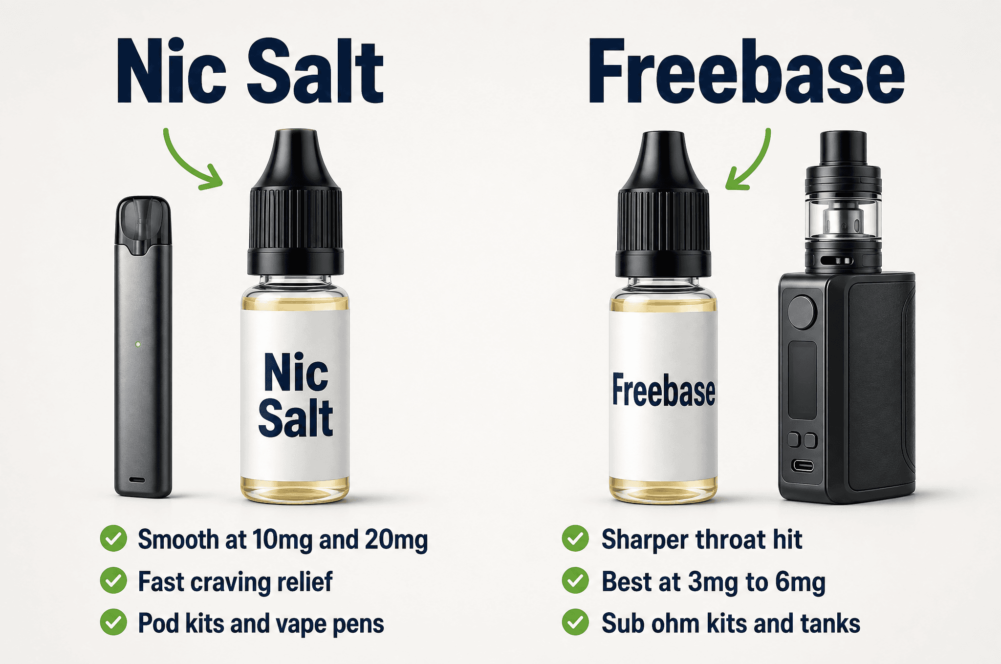 Nic salt compared with freebase nicotine: throat hit, speed and the devices each suits