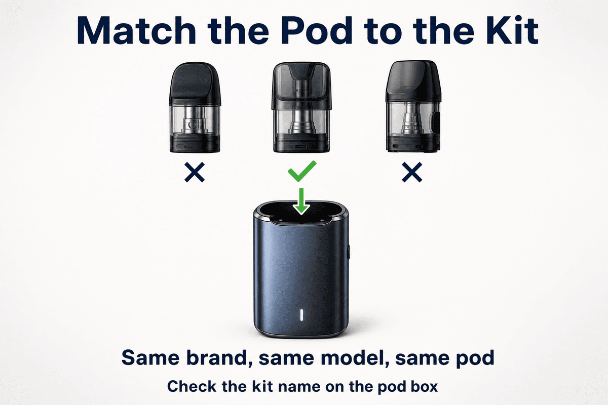 A prefilled vape pod only fits the device it was made for: match the pod name to the kit name