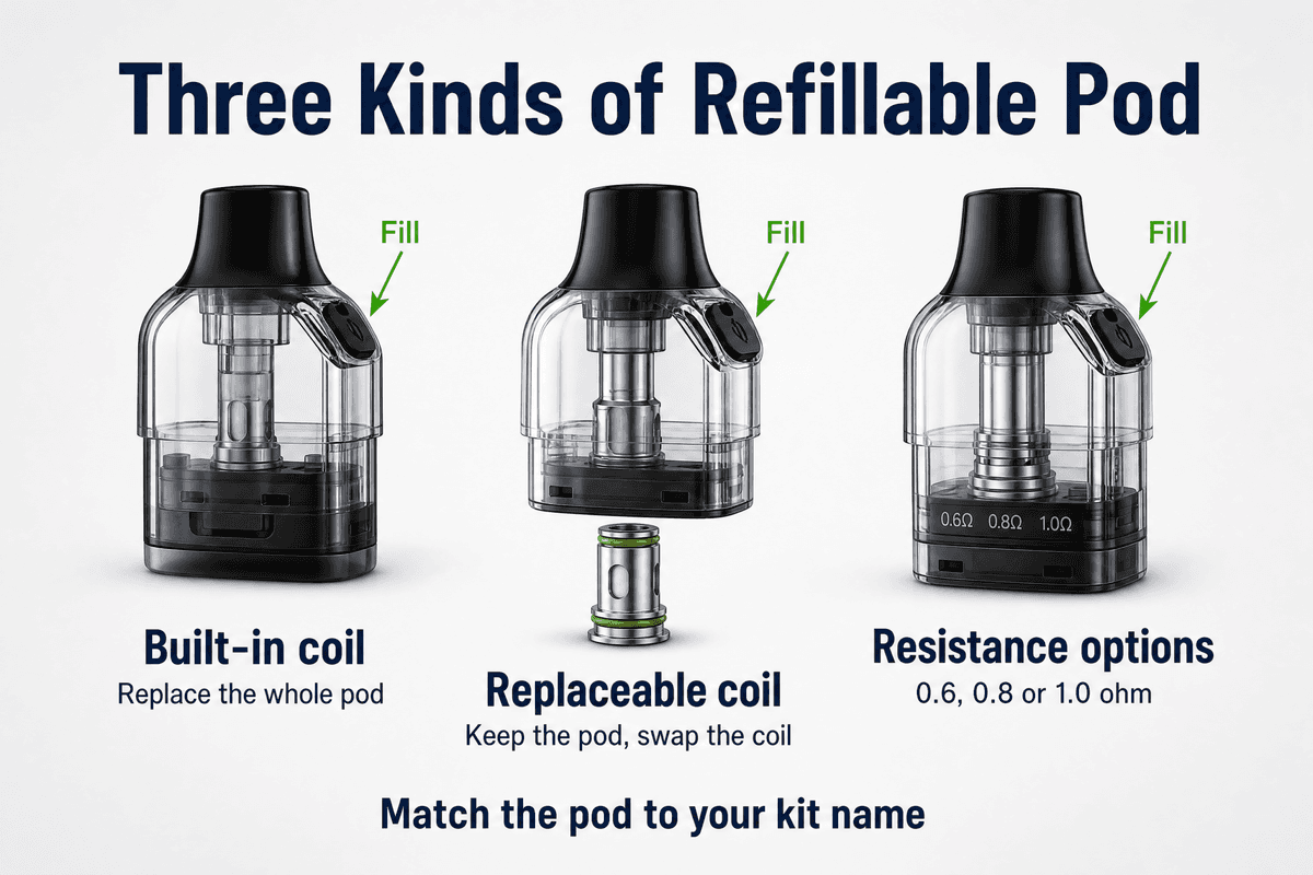 Three types of refillable vape pod: built-in coil, replaceable coil and multi resistance options
