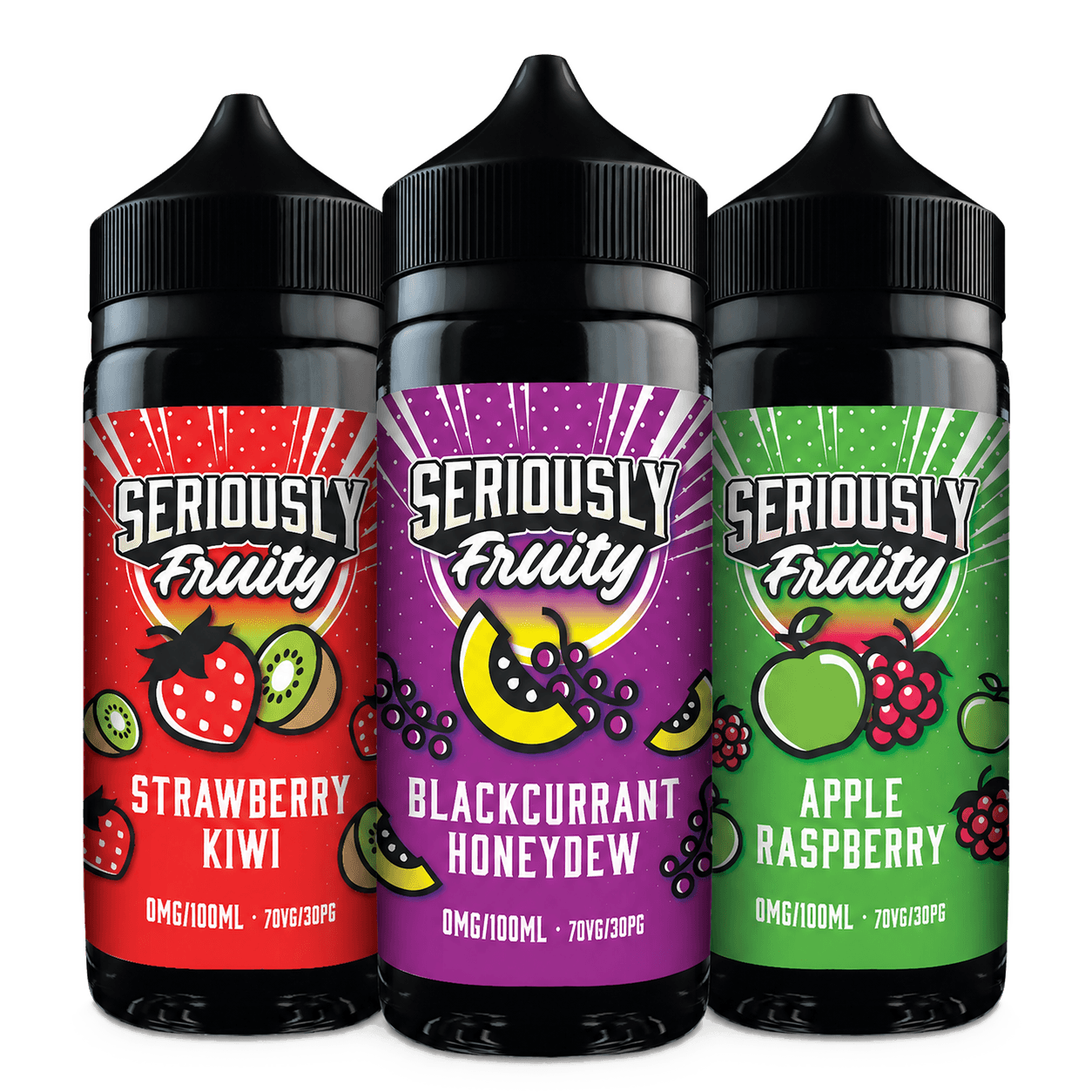 Three Seriously Fruity e-liquid bottles