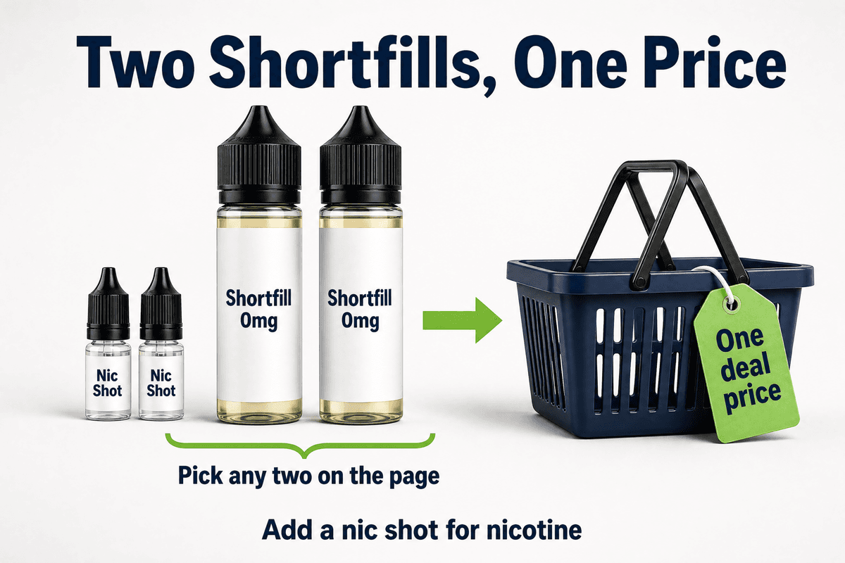 Two shortfill bottles in a multibuy deal with nicotine shots added, one deal price at the basket
