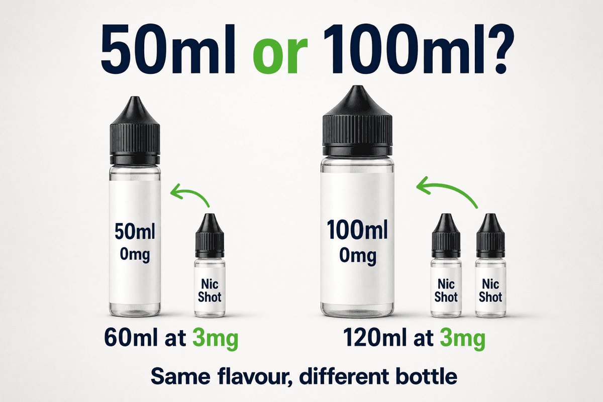 Vampire Vape 50ml shortfill with one nic shot next to a 100ml shortfill with two nic shots