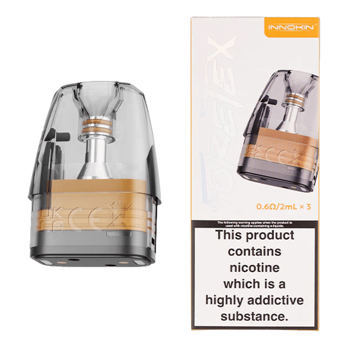 Innokin Foretex replacement pod beside its 0.6 ohm 2ml three pack retail box