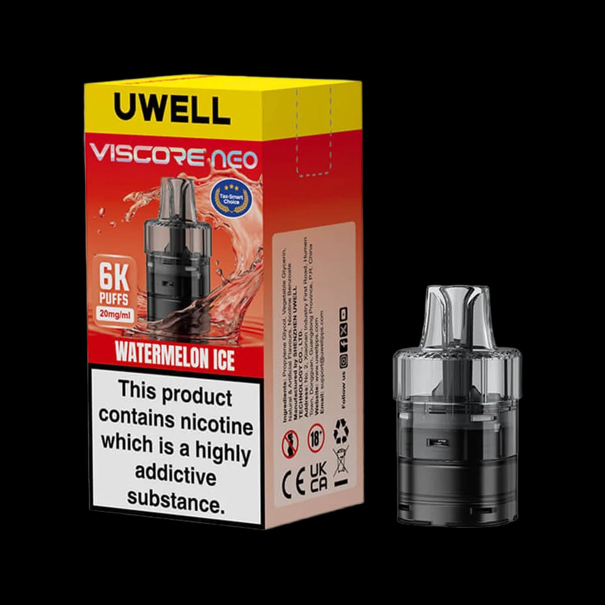 Uwell Viscore Neo Prefilled Pods in Watermelon Ice, assembled refill pack with its retail box