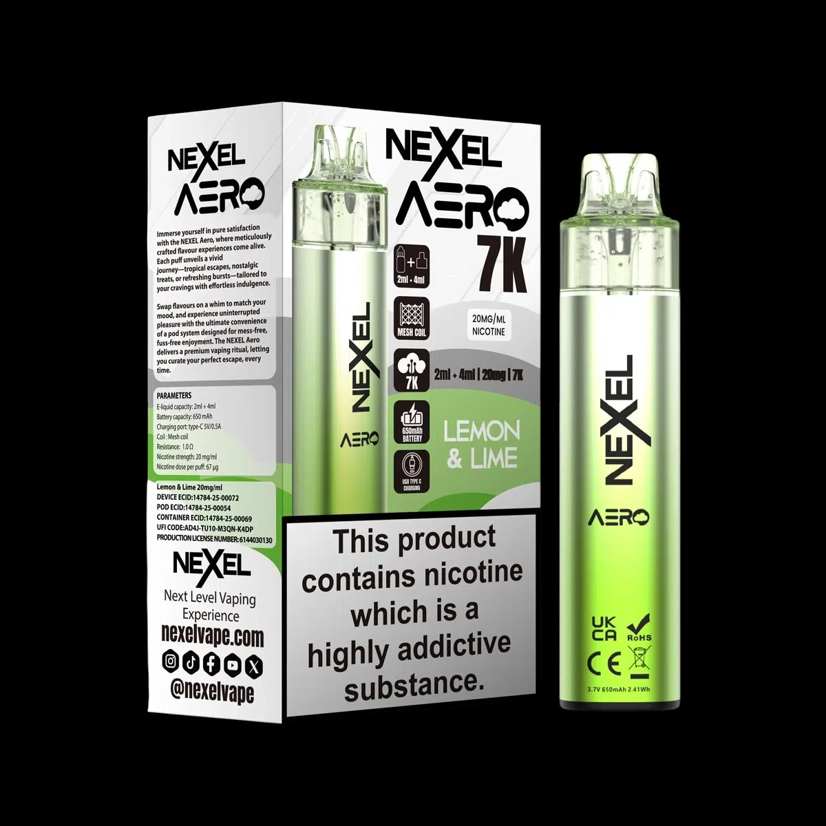 Nexel Aero 7K Vape Kit - Lemon   Lime - Disposable Vapes