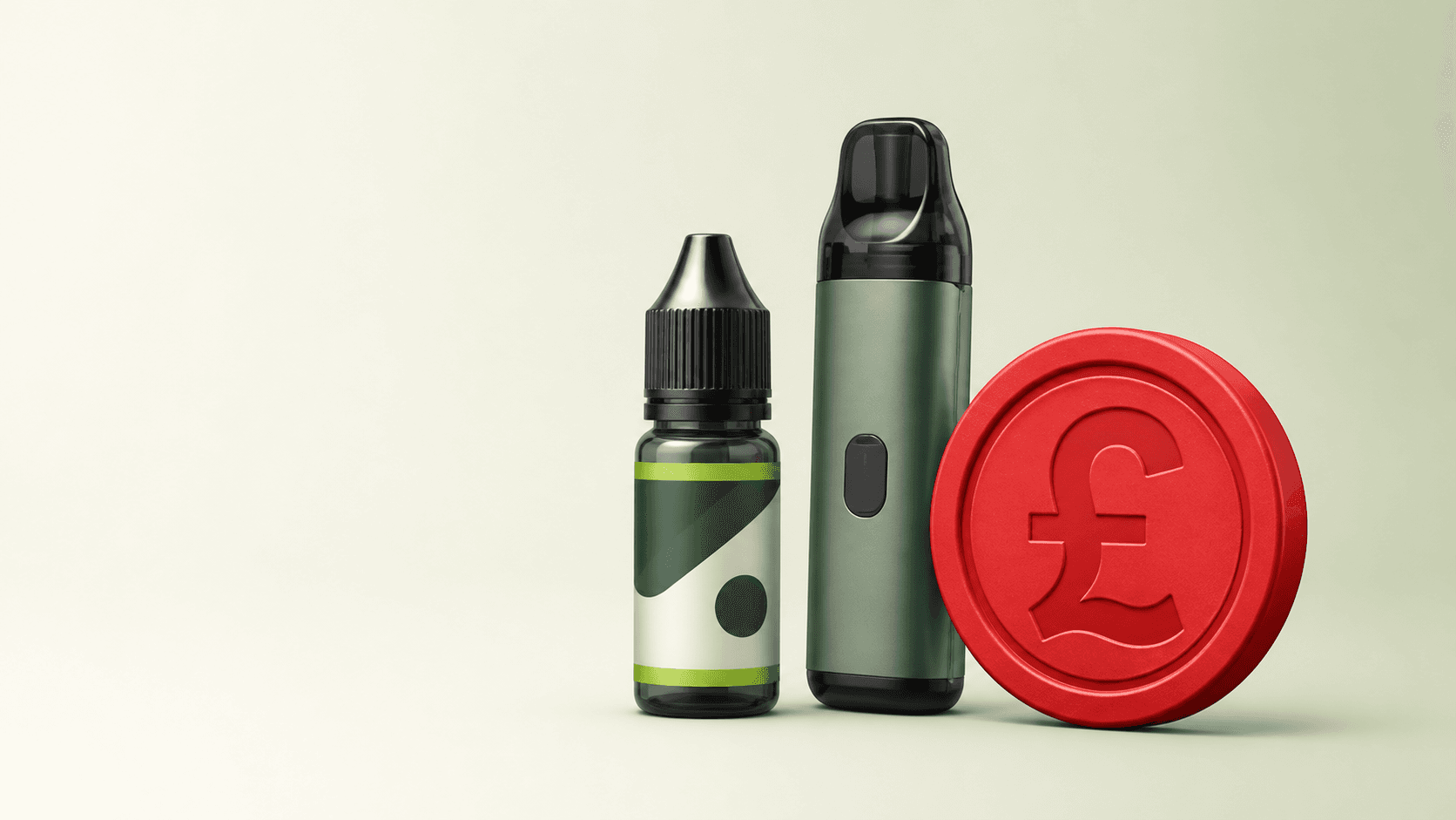 Unbranded e-liquid bottle and pod vape beside a red pound duty seal on a pale green background