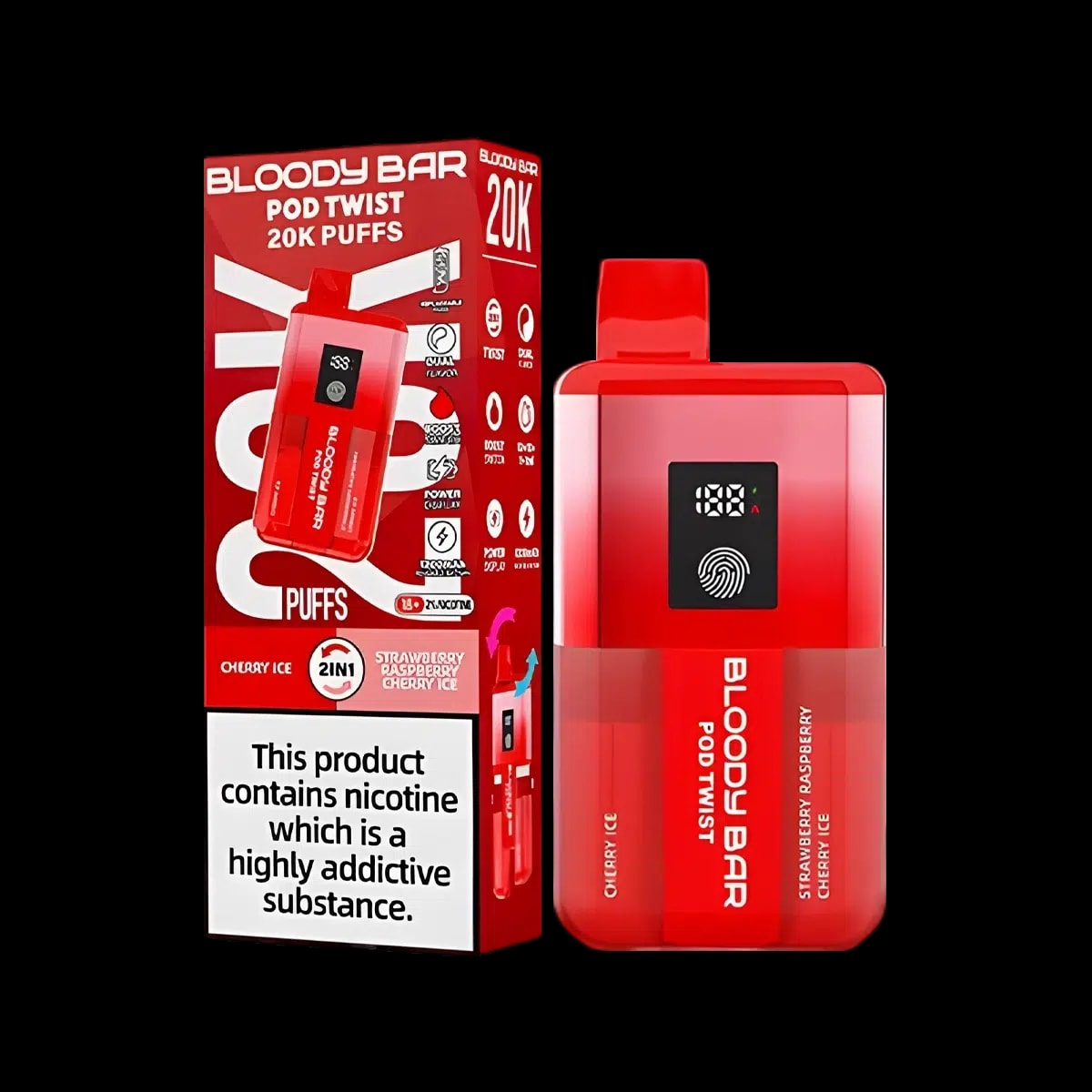 Bloody Bar Pod Twist 20K Vape Kit By Bloody Mary - Cherry Ice Strawberry Raspberry Cherry Ice - Disposable Vapes