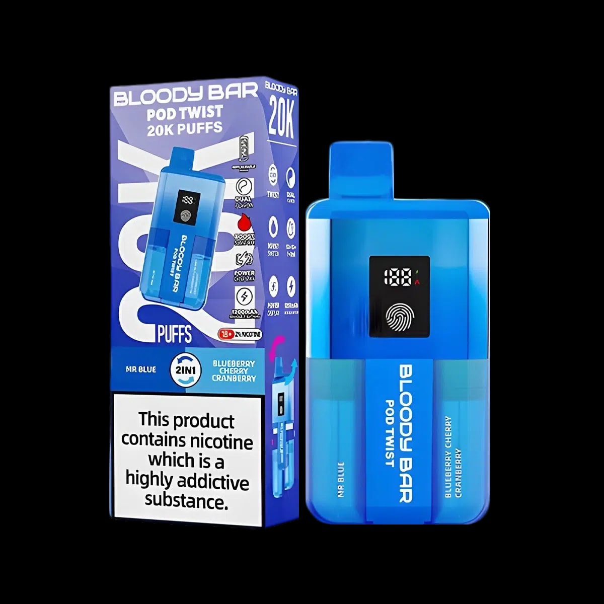 Bloody Bar Pod Twist 20K Vape Kit By Bloody Mary - Mr Blue Blueberry Cherry Cranberry - Disposable Vapes