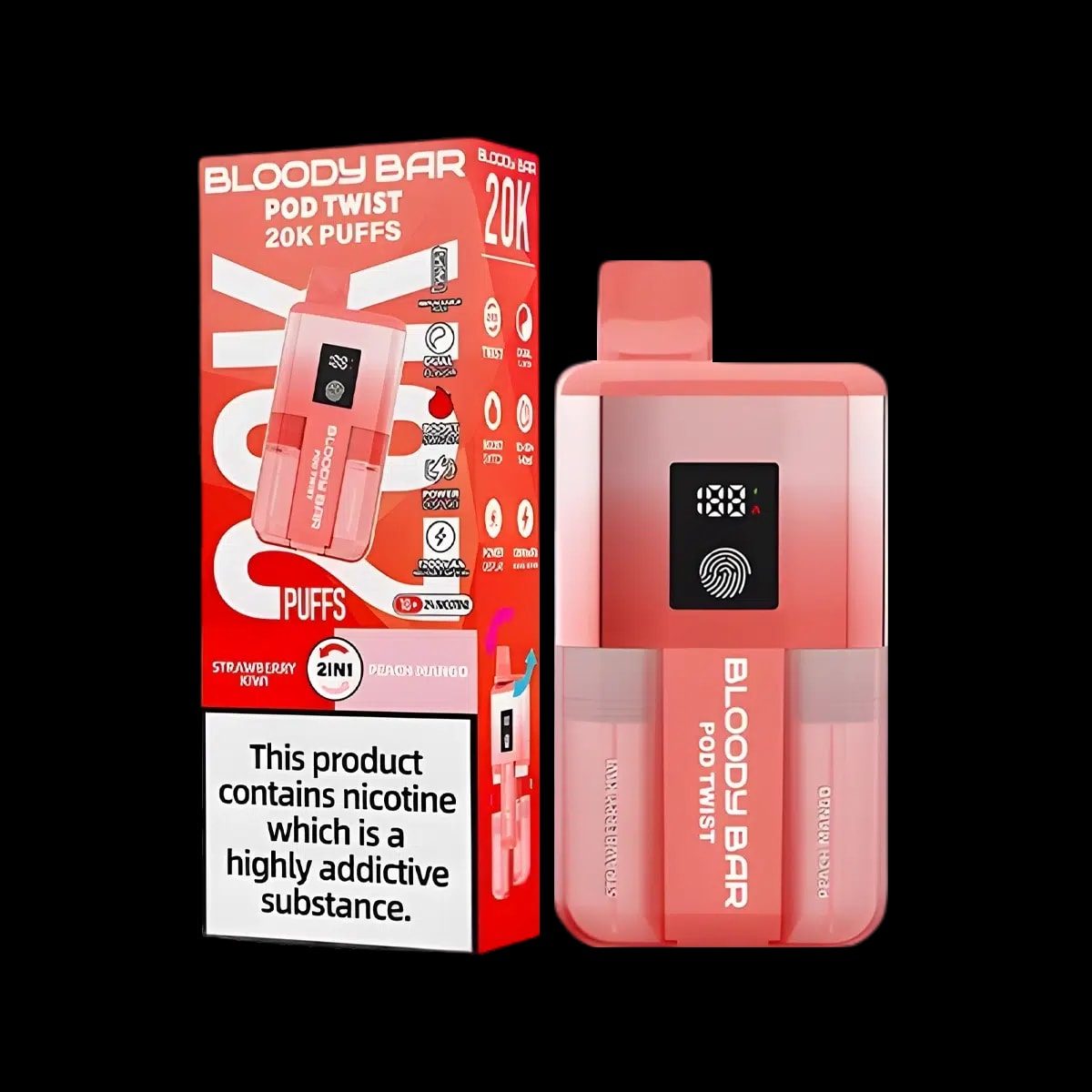 Bloody Bar Pod Twist 20K Vape Kit By Bloody Mary - Strawberry Kiwi Peach Mango - Disposable Vapes