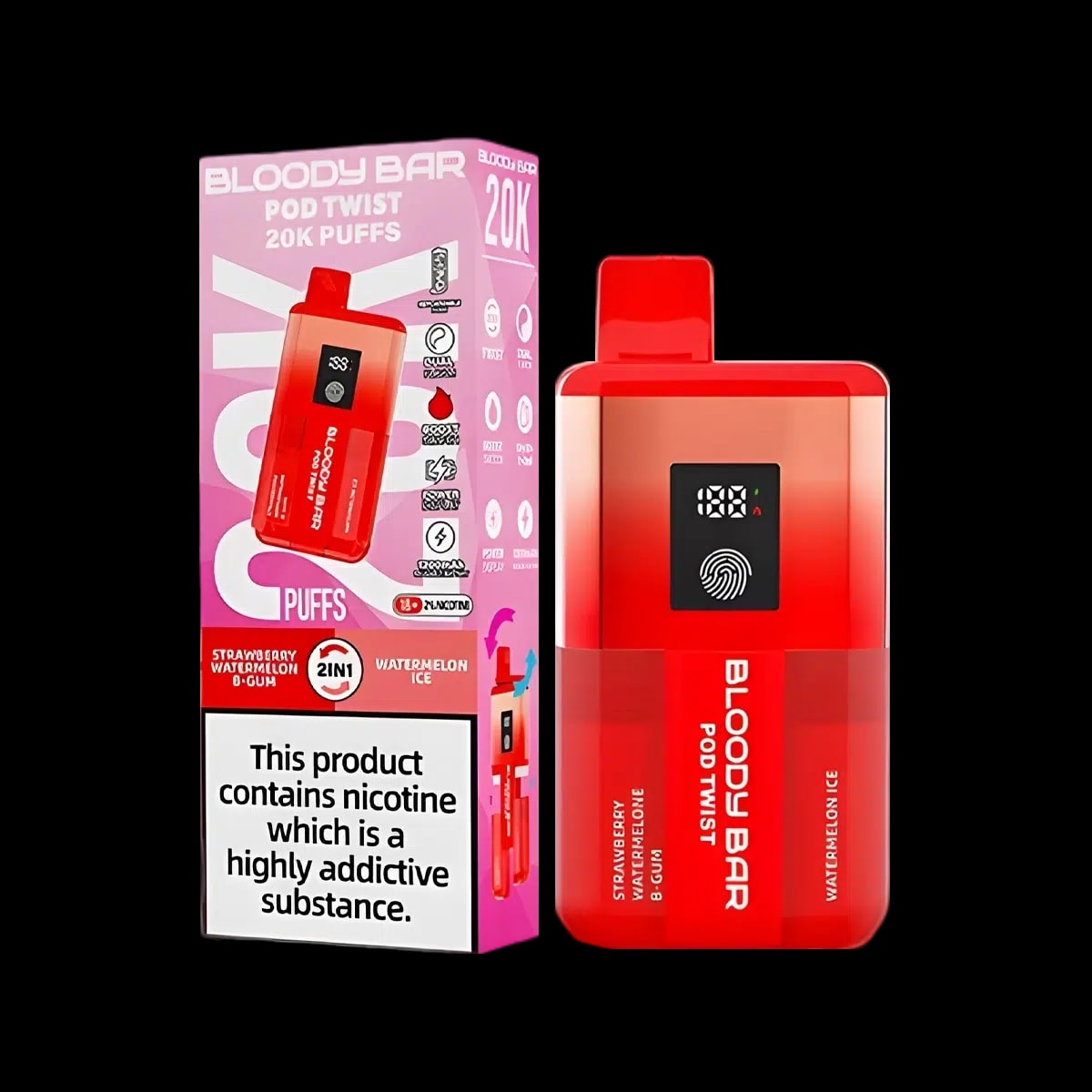 Bloody Bar Pod Twist 20K Vape Kit By Bloody Mary - Strawberry Watermelon B-Gum Watermelon Ice - Disposable Vapes
