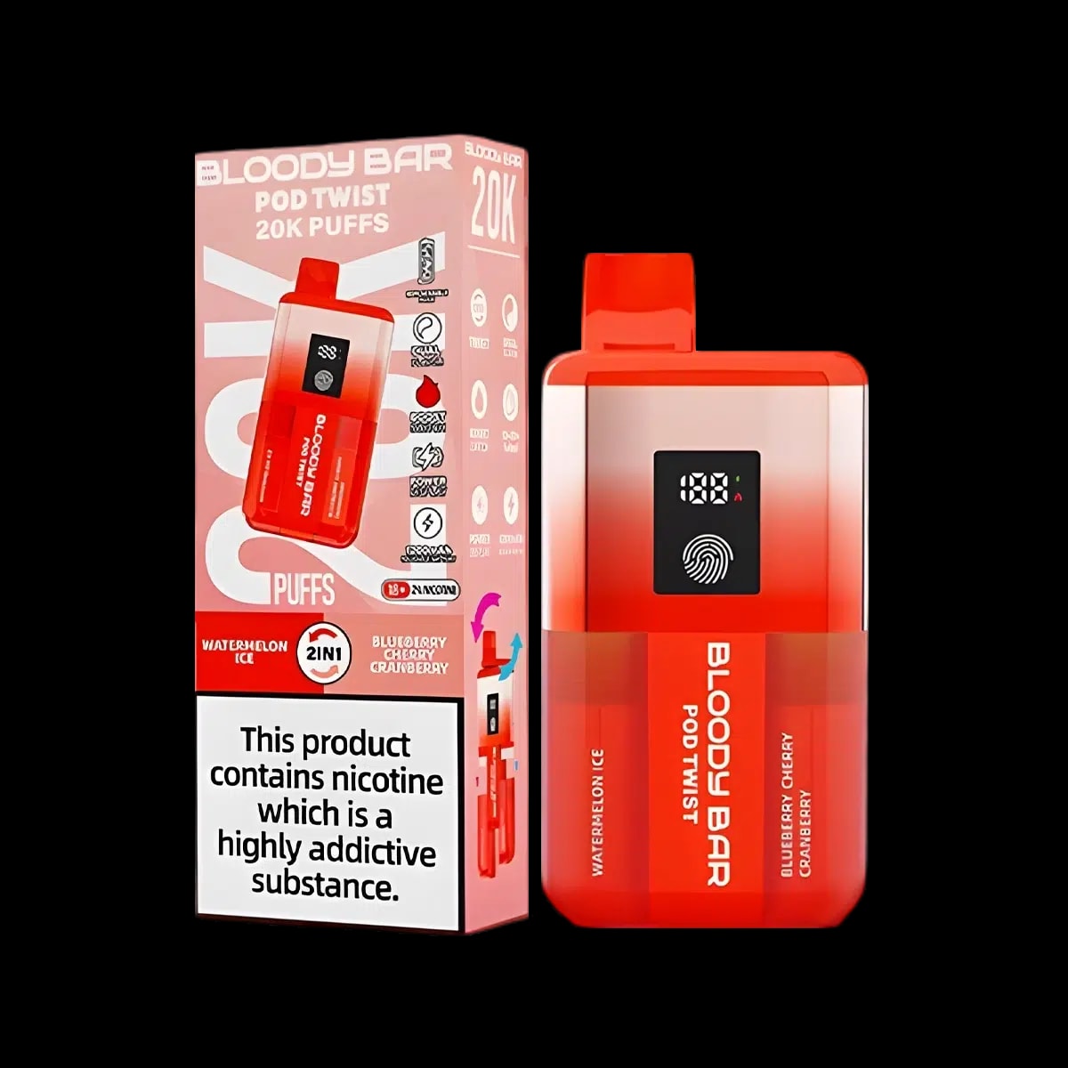 Bloody Bar Pod Twist 20K Vape Kit By Bloody Mary - Watermelon Ice Blueberry Cherry Cranberry - Disposable Vapes
