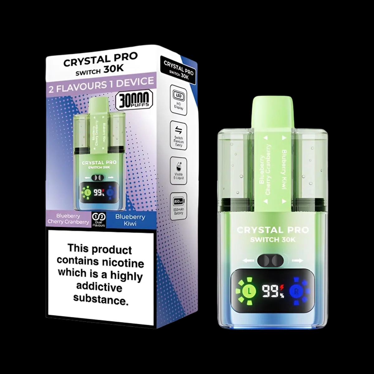 Crystal Pro 30K Switch Prefilled Vape Kit - Blueberry Cherry Cranberry Blueberry Kiwi - Disposable Vapes