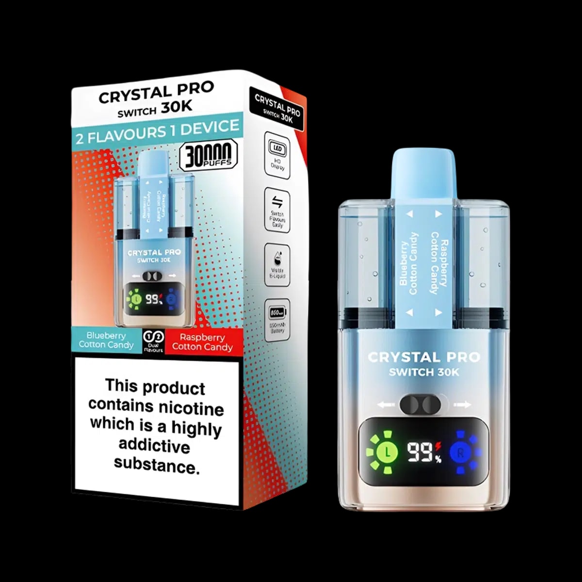 Crystal Pro 30K Switch Prefilled Vape Kit - Blueberry Cotton Candy Raspberry Cotton Candy - Disposable Vapes