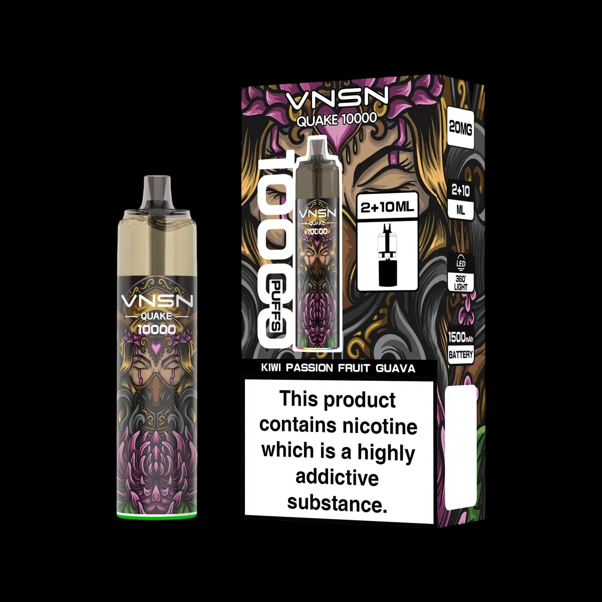 VNSN Quake 10000 Prefilled Vape Kit - Kiwi Passion Fruit Guava - Disposable Vapes