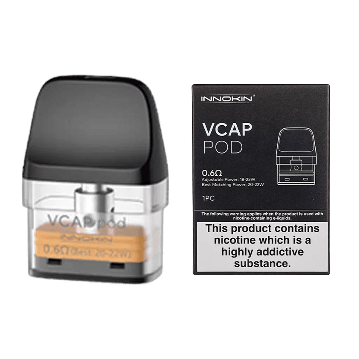 Innokin vCap Replacement Pods with the 0.6 ohm pod shown beside its Innokin vCap retail box