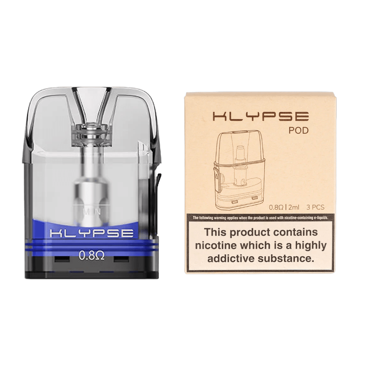 Innokin Klypse Replacement Pods three pack beside the Klypse Pod retail box