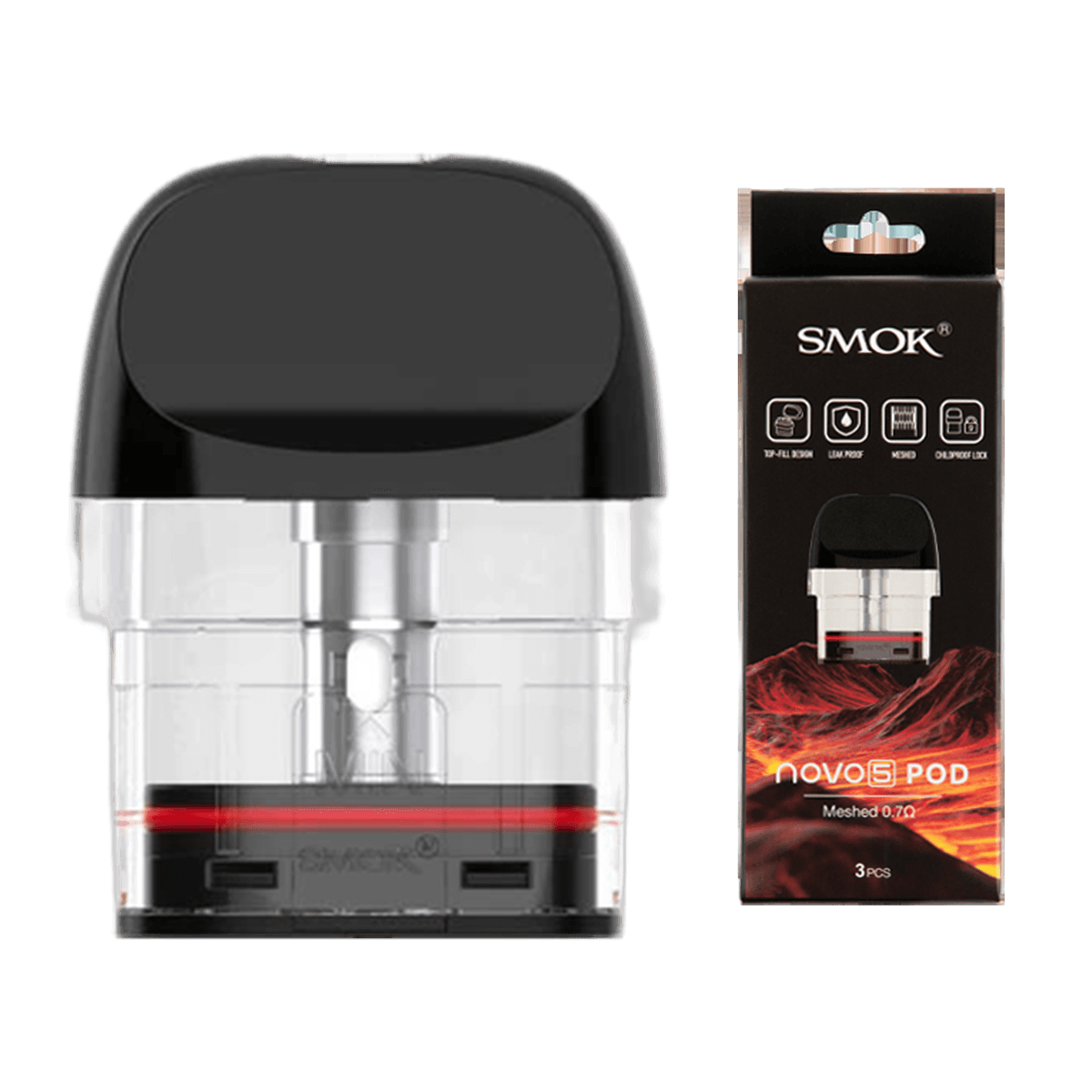 Smok Novo 5 Replacement Pods with a single pod beside the retail box