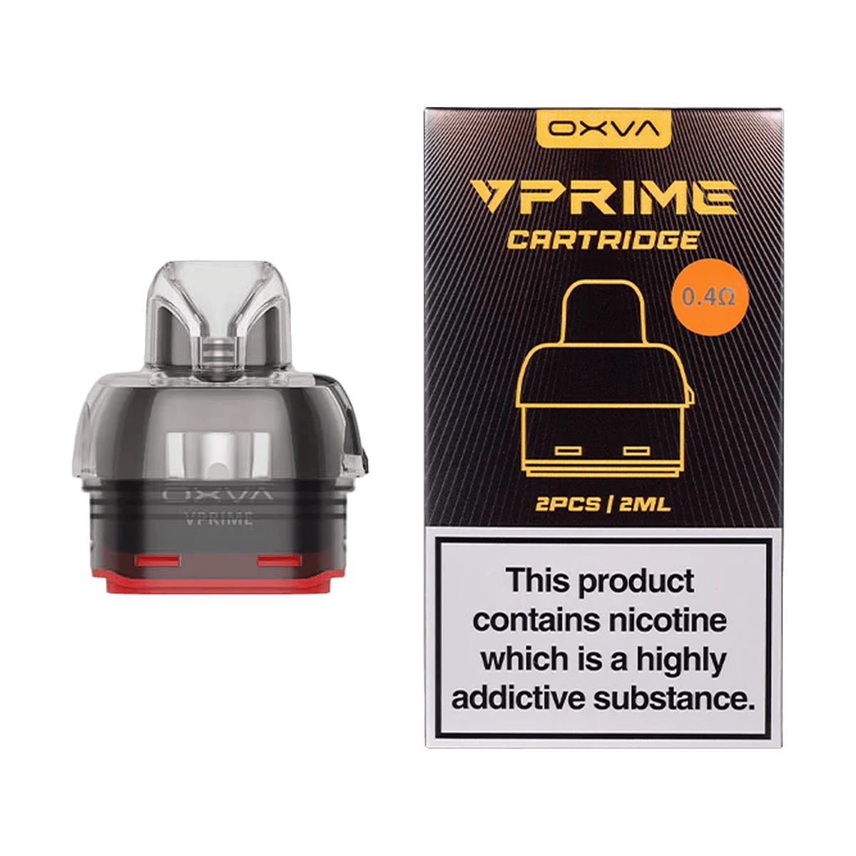 OXVA VPrime replacement pod beside its 2ml cartridge retail box