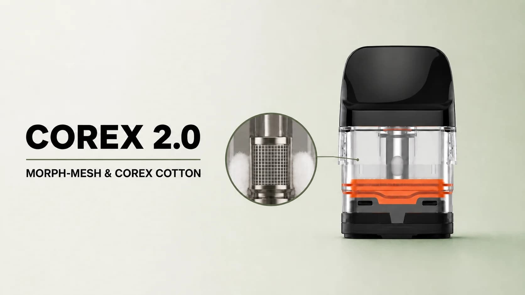 COREX 2.0 XROS pod with orange seal beside a magnified square Morph-Mesh and cotton detail