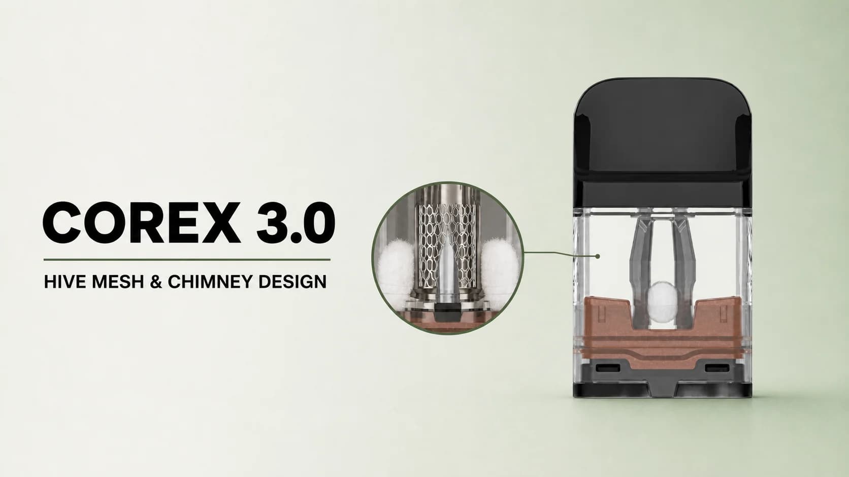 COREX 3.0 XROS pod with bronze internal base beside a magnified Hive Mesh and chimney detail