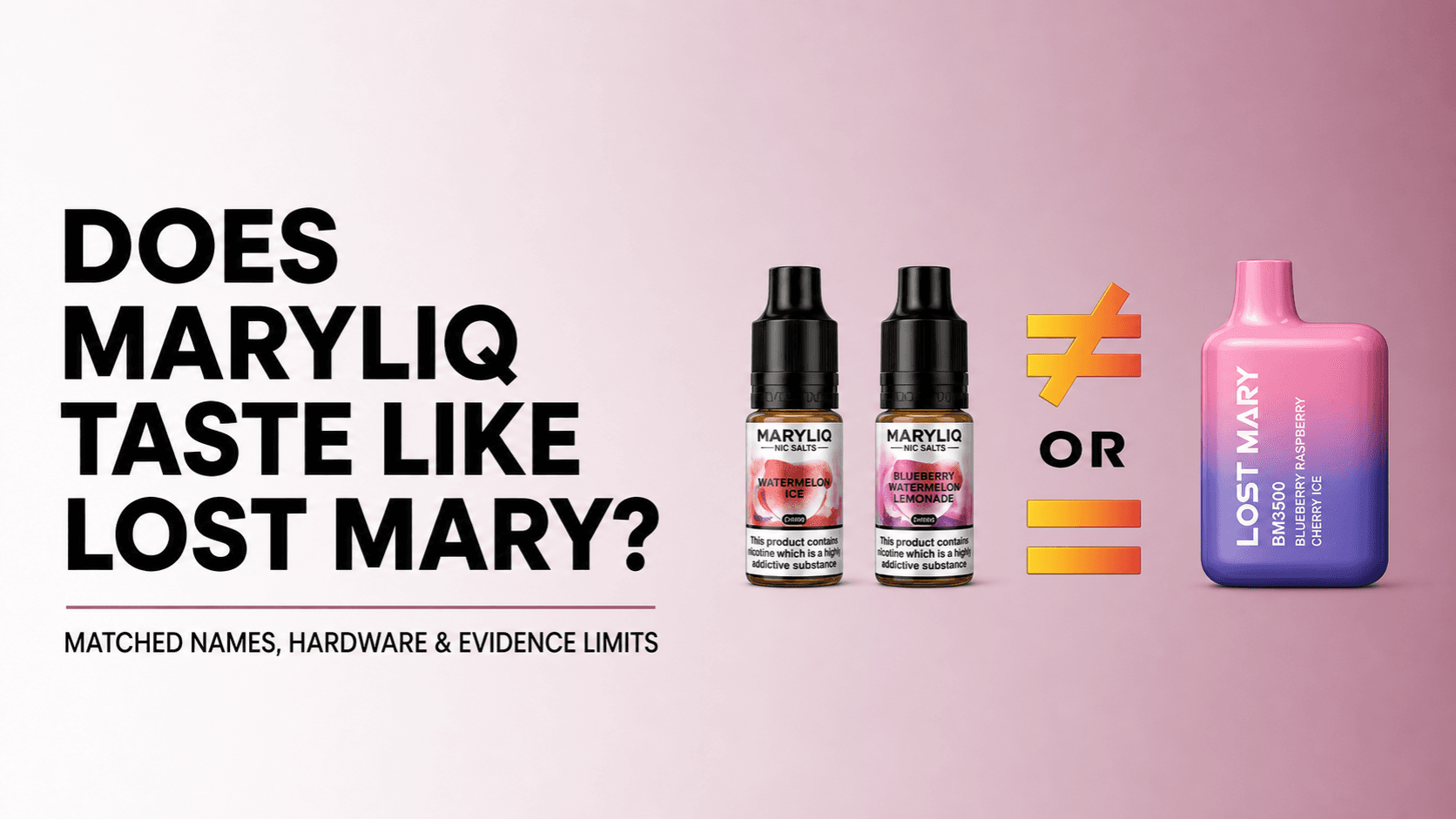 Two original MARYLIQ bottles compared with the pink and blue Lost Mary BM3500 device