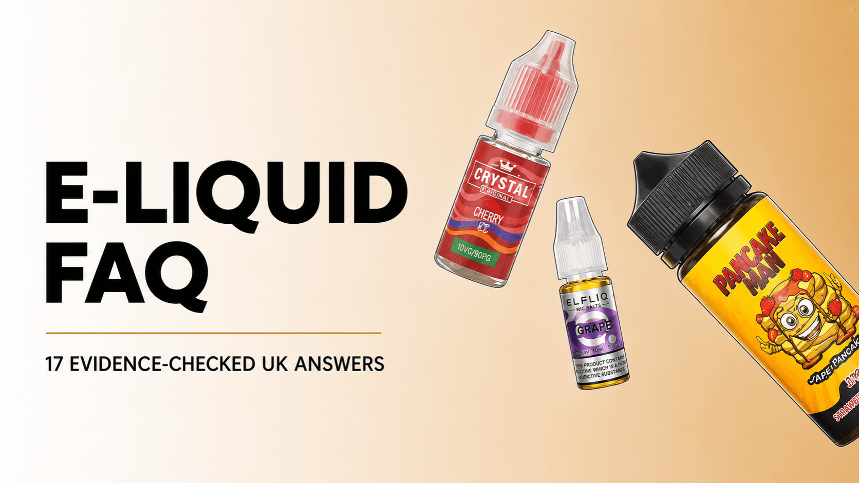 Three e-liquid bottles from the original banner beside the E-Liquid FAQ title