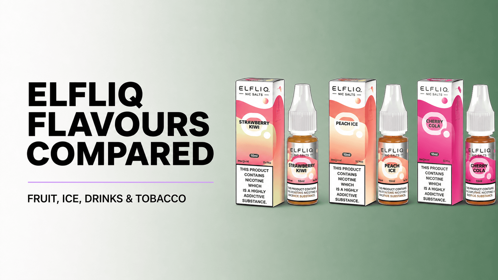 Original Strawberry Kiwi, Peach Ice and Cherry Cola ELFLIQ box-and-bottle pairs