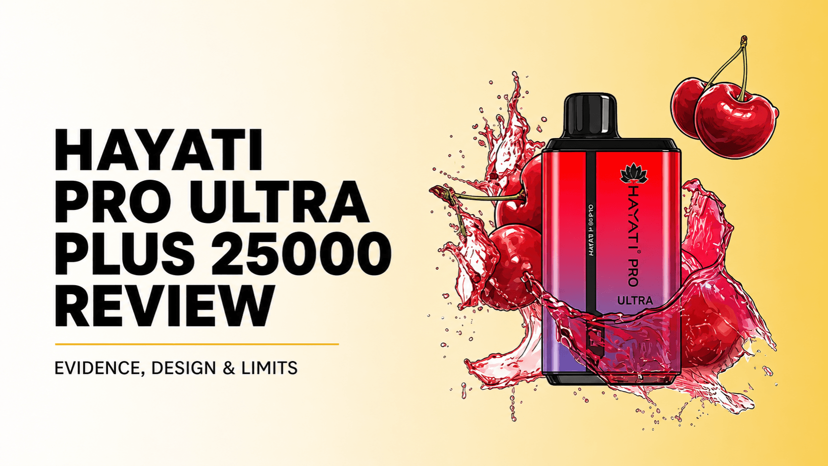 Original red Hayati Pro Ultra Plus device with cherries and liquid splash