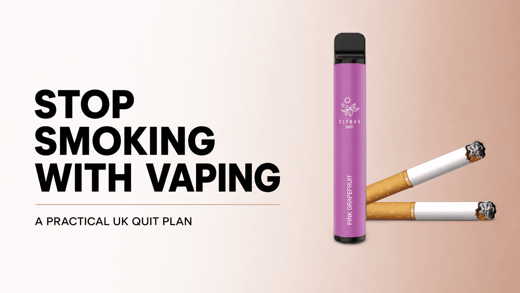 Original purple ELFBAR 600 device retained beside two lit cigarettes