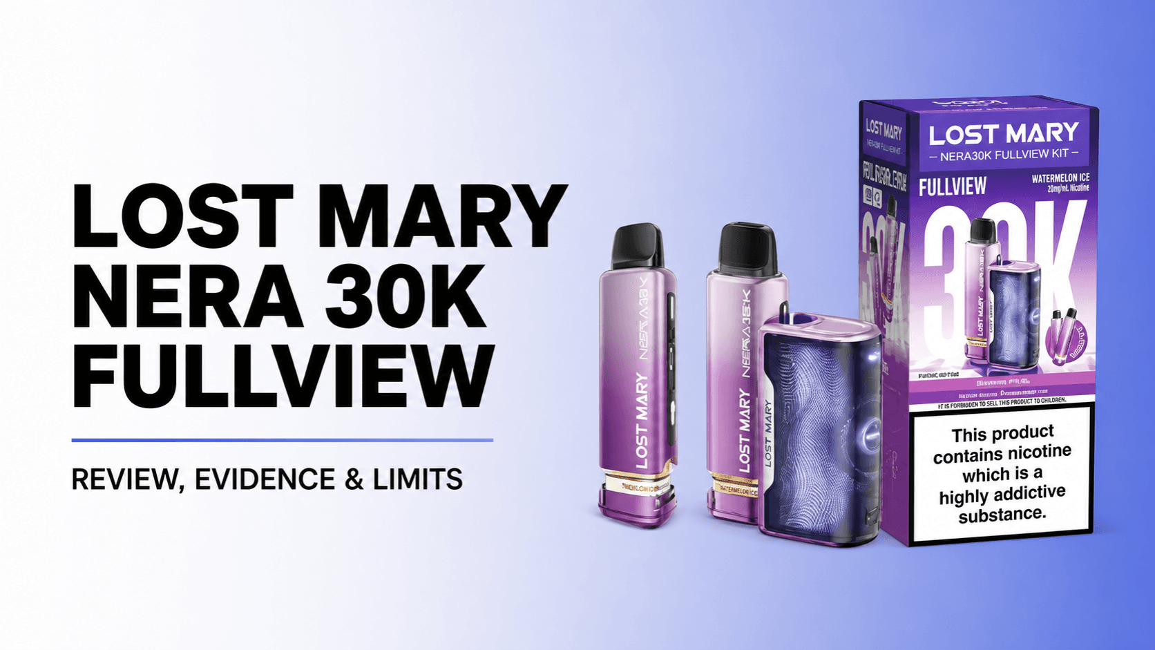 Original Lost Mary Nera 30K Fullview box, warning panel, two refill units and curved-screen device