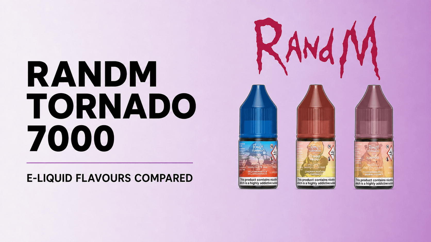 Original RandM wordmark above the source blue, red and purple e-liquid bottle trio