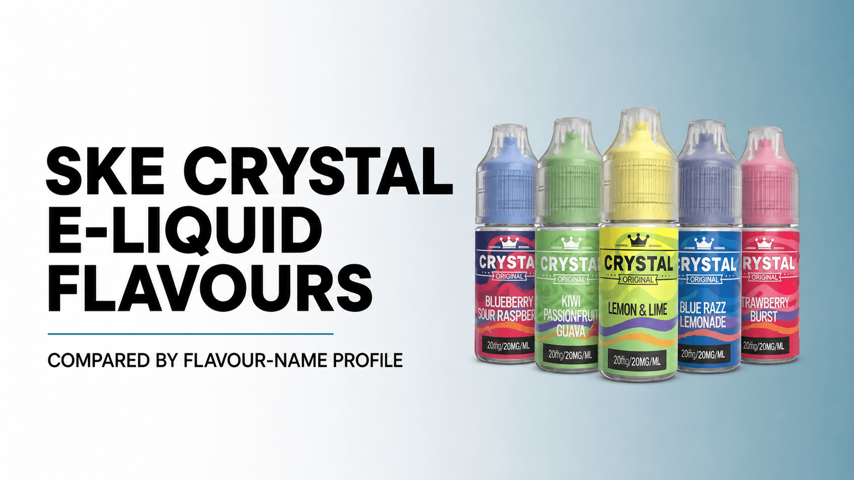 Five original SKE Crystal e-liquid bottles in blue, green, yellow, blue-purple and pink