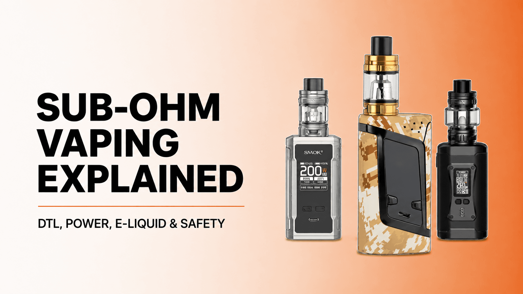 Original silver, camouflage and black sub-ohm box-mod kits retained from the source banner