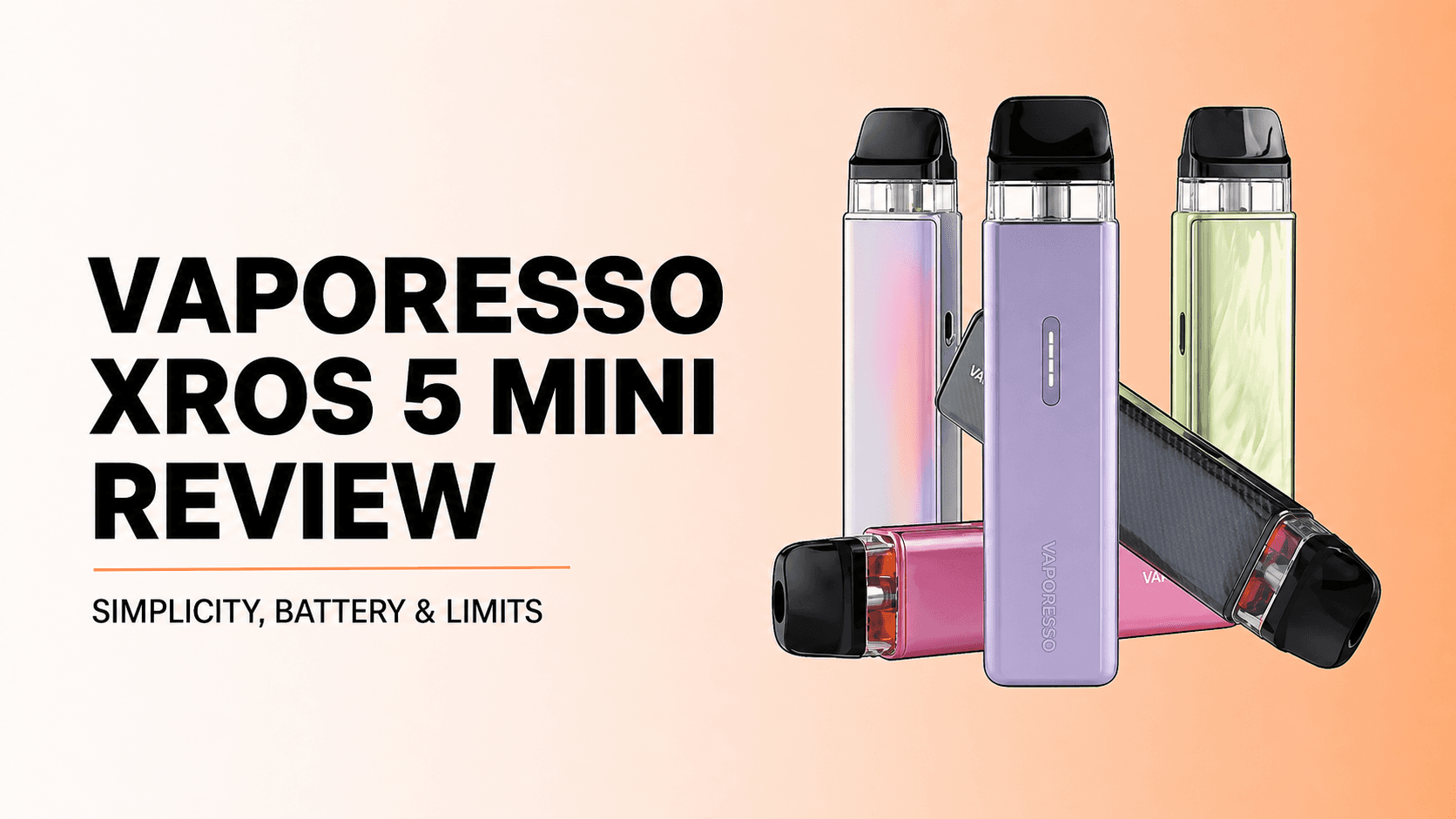 Five original Vaporesso XROS 5 Mini devices retained in their upright and diagonal arrangement