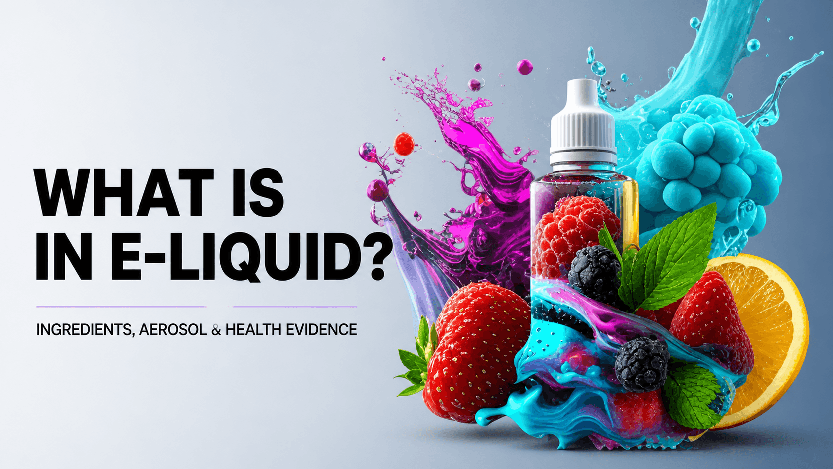 Original e-liquid bottle with berries, citrus, mint and cyan-magenta liquid splashes